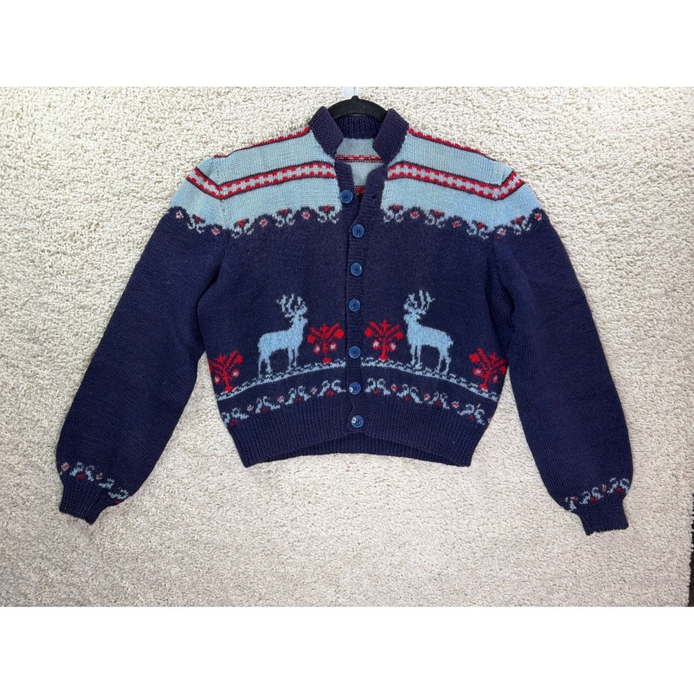 Unbranded Cardigan Sweater Womens S/M Blue Handmade Nordic Reindeer Knit